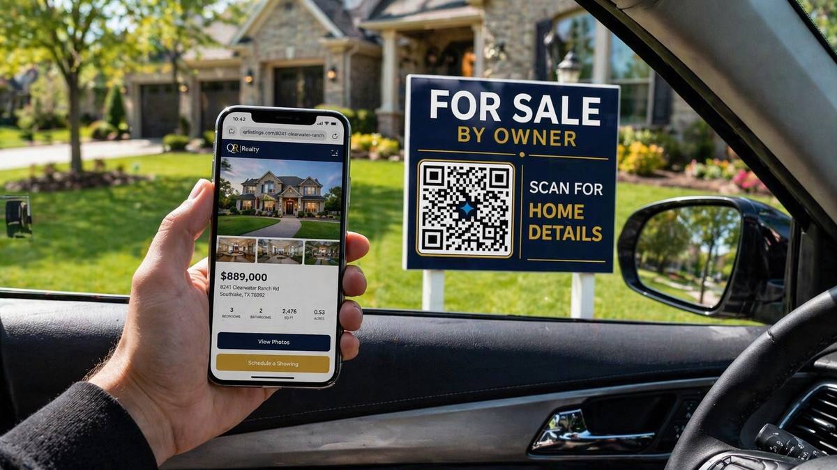 Buyer scanning FSBO QR sign from car